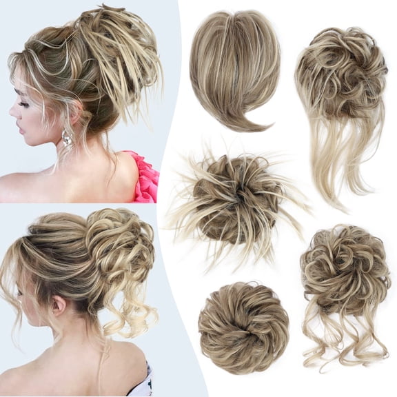 Women 5Pcs Messy Updo Hairpiece Set Tousled Bun Ponytail Scrunchies with Elastic Band Long Hair Extensions 6A