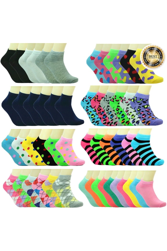 Women 6-12 Pairs Assorted Styles Low Cut Quarter Ankle Socks Cotton Size 9-11