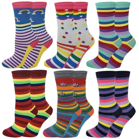 Women 6 Pairs Rainbow Stripes Style Novelty Crew Socks
