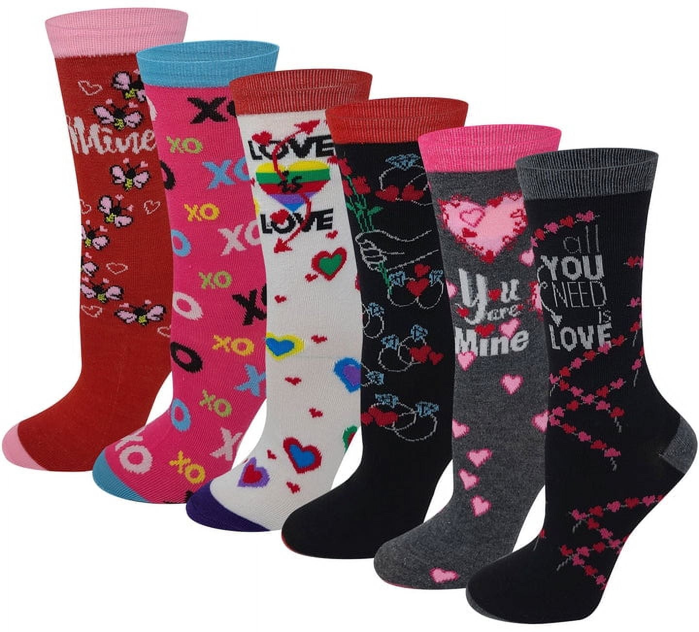 Women 6 Pairs Valentine's Day Hearts Novelty Crew Socks