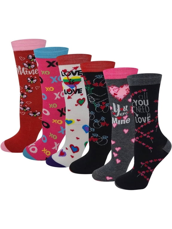 Women 6 Pairs Valentine's Day Hearts Novelty Crew Socks