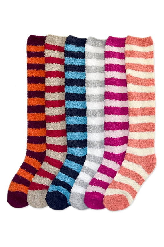 Women 6 Pairs of Cozy Plush Soft 22" Knee High Socks [Pattern: STRIPE]