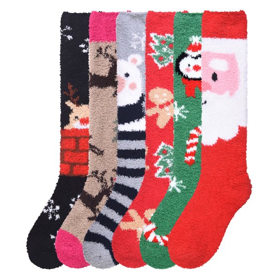 Women 6 Pairs of Cozy Plush Soft 22" Knee High Socks [Pattern: X-MAS]