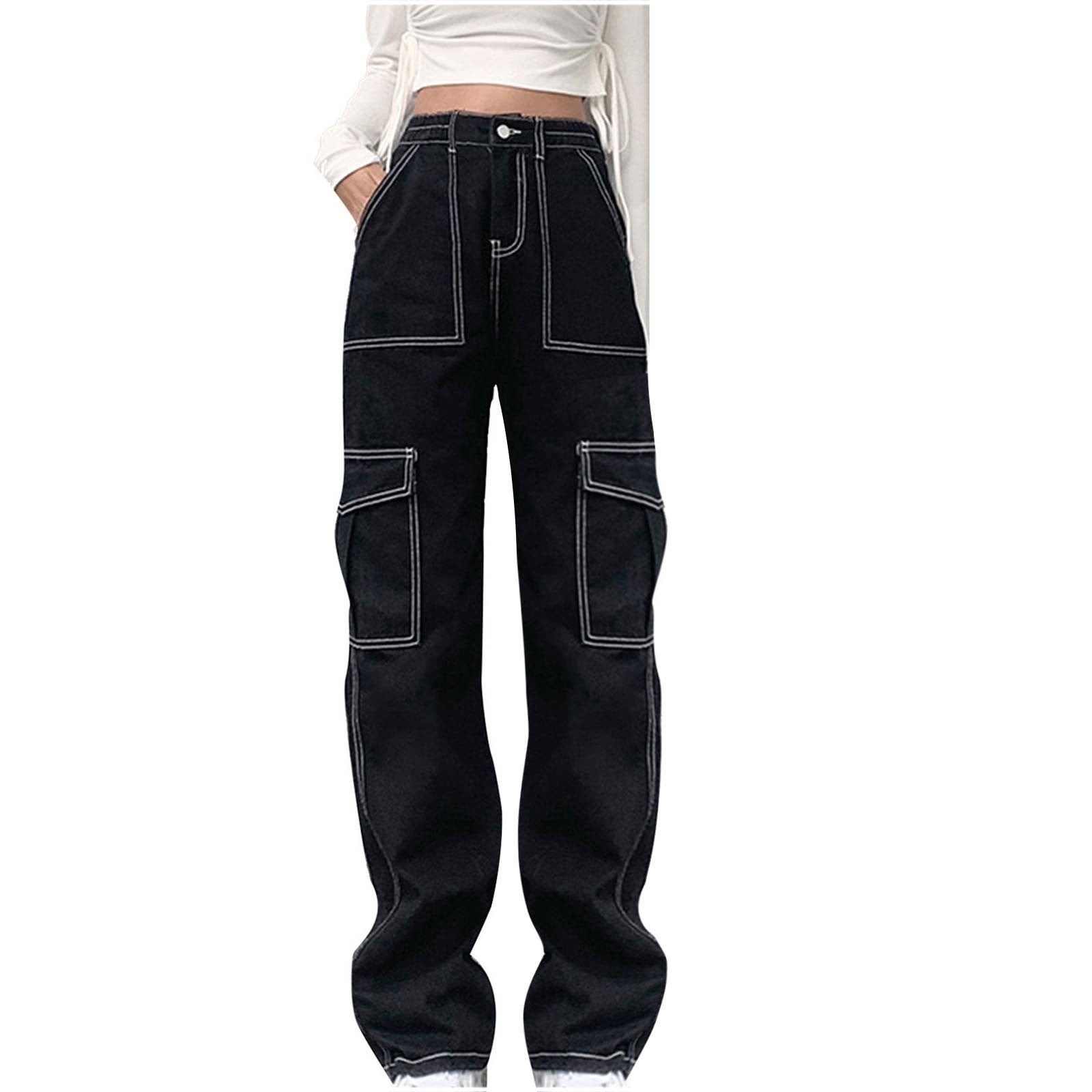 Women 6 Pockets Elastic High Waisted Cargo Pants Wide Leg Sweatpants