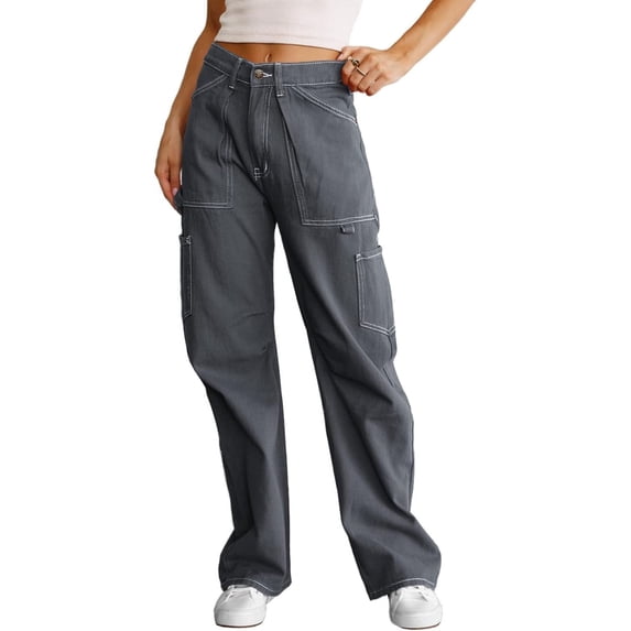 Women 6 Pockets High Waisted Cargo Pants Wide Leg Casual Pants Combat Military Trouser US 4-18