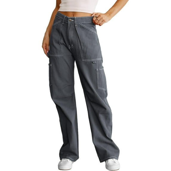 Women 6 Pockets High Waisted Cargo Pants Wide Leg Casual Pants Combat Military Trouser US 4-18