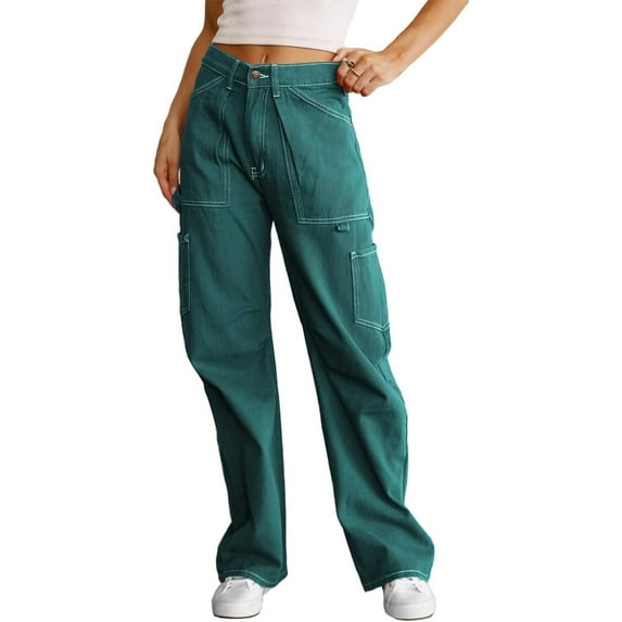Women 6 Pockets High Waisted Cargo Pants Wide Leg Casual Pants Combat Military Trouser US 4-18