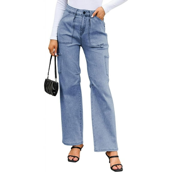 Women 6 Pockets High Waisted Cargo Pants Wide Leg Casual Pants Combat Military Trouser US 4-18