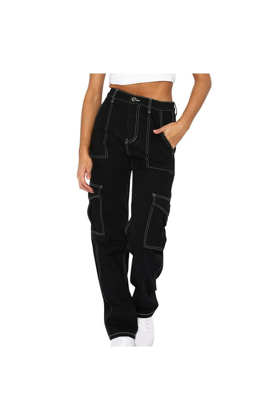 Women 6 Pockets High Waisted Cargo Pants Loose Wide Leg Jeans Pants Military Trouser Fashion Streetwear Denim Pants