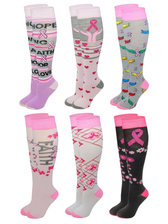 Women 6 pairs Breast Cancer Awareness Knee High Socks