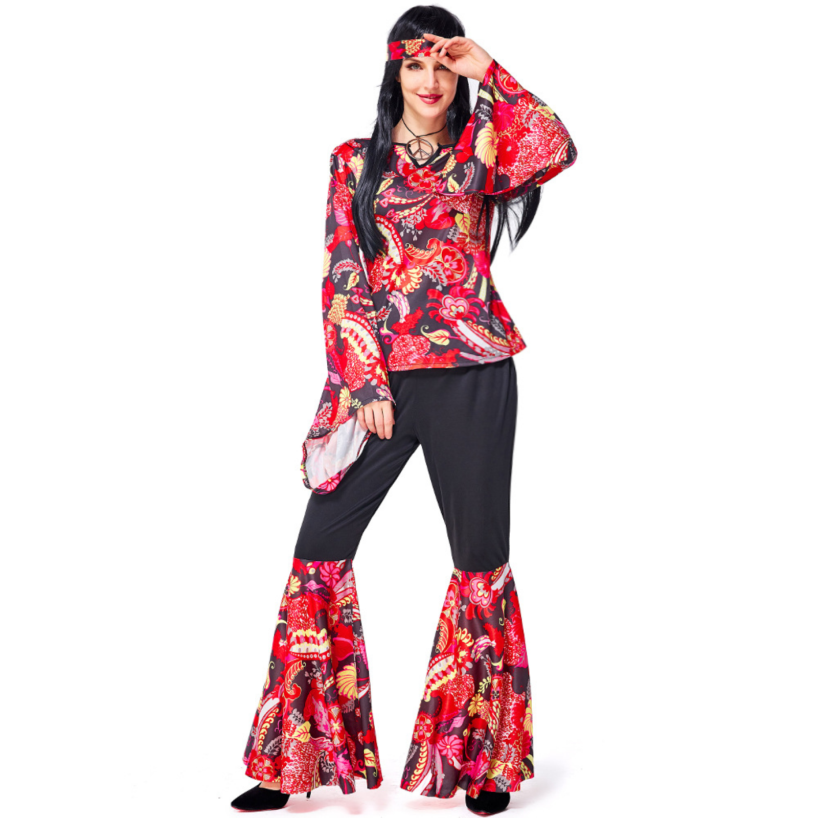 Women 60s 70s Hippie Costume Outfits Hippy Clothes Disco Suit for  Halloween, Black- Red, L