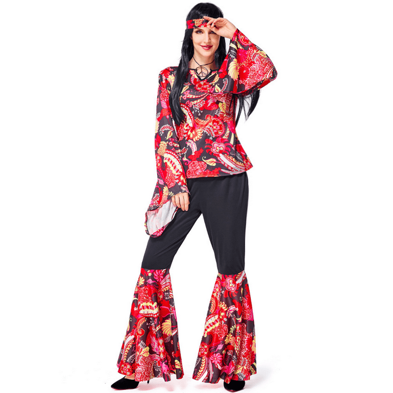 Women 60s 70s Hippie Costume Outfits Hippy Clothes Disco Suit for  Halloween, Black- Red, L 