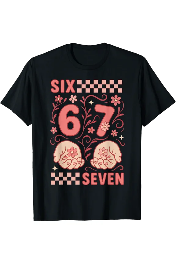 Women 67 Groovy Floral Checkered Six Seven T-Shirt Size S-5XL