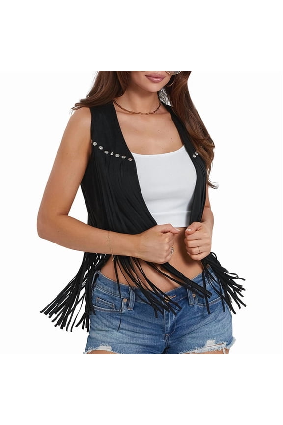 Women 70s Hippie Faux Suede Rivets Sleeveless Fringe Waistcoat Open Front Boho Western Jacket Cardigan Black S