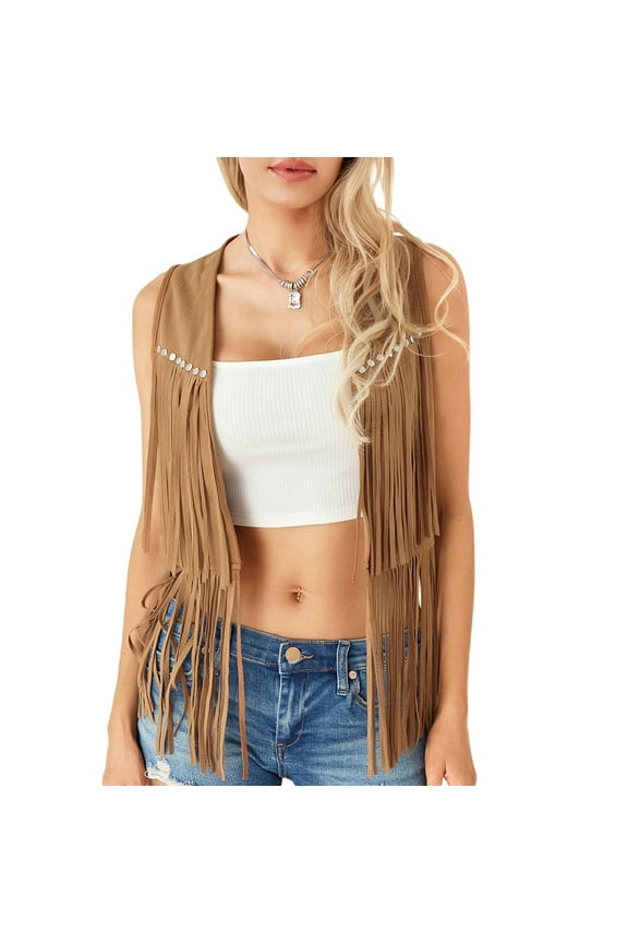 Women 70s Hippie Fringe Waistcoat Vest Sleeveless Cowgirl Tassel Rhinestone Vest Faux Suede Western Jacket Cardigan