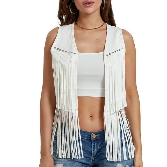 Women 70s Hippie Fringe Waistcoat Vest Sleeveless Cowgirl Tassel Rhinestone Vest Faux Suede Western Jacket Cardigan