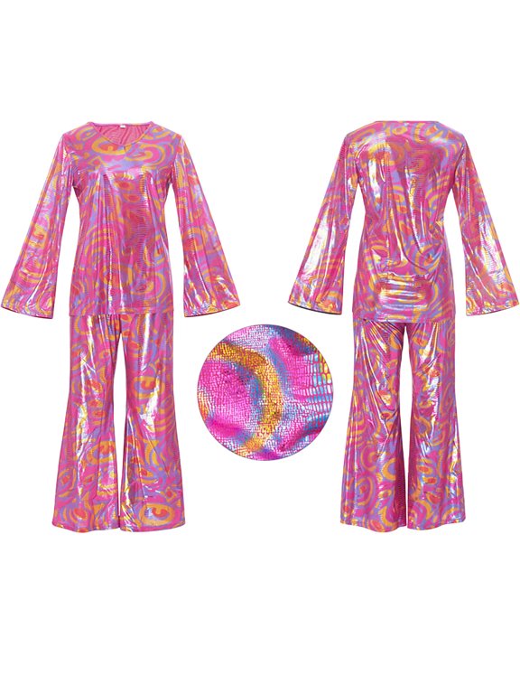 Women 70s Retro Disco 7āPiece Outfit, Pink Swirl Metallic Print Round Neck Flared Sleeve Top & BellāBottom Pants Set for Halloween Theme Party