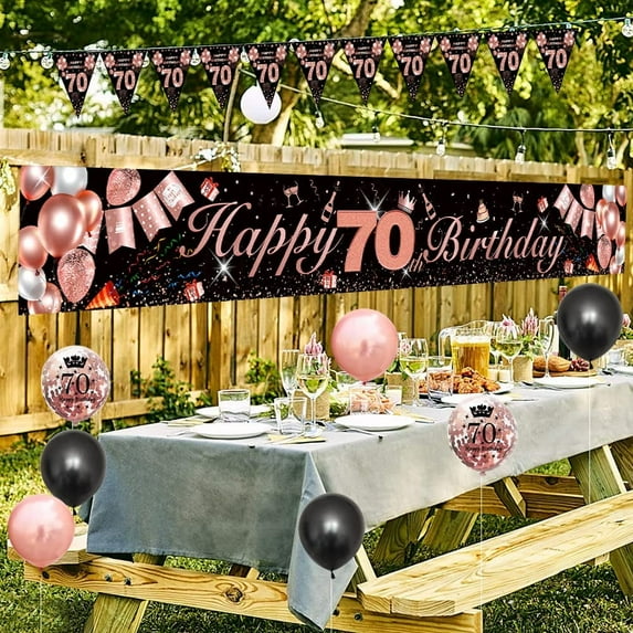Women 70th Birthday Decorations, Black Rose Gold Happy 70th Birthday Yard Banner, 70th Happy Birthday Balloons for Mom Grandma Wife Mother 70th Anniversary Birthday Party Supplies