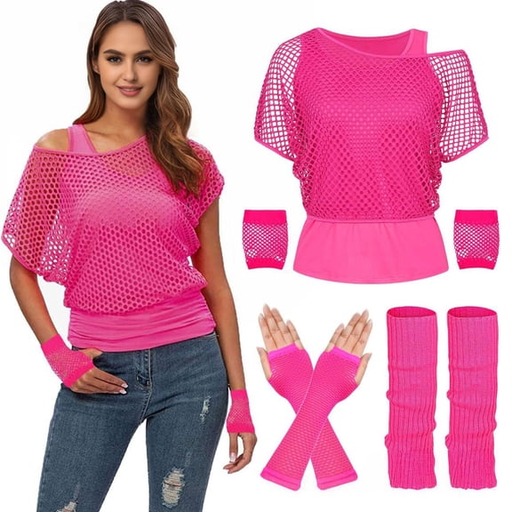 Women 80s 90s Neon Party Outfit Sexy Fishnet One Shoulder T-Shirt Gloves Cuffs Leg Warmers for Theme Party Carnival Fancy Dress Costume