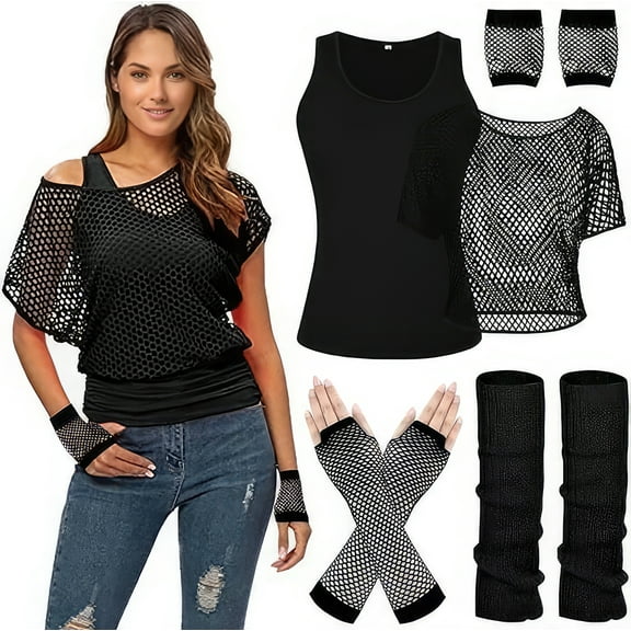 Women 80s Costumes Fishnet Off Shoulder T-Shirt Black-M Size