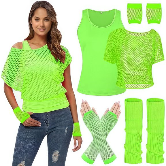 Women 80s Costumes Fishnet Off Shoulder T-Shirt Green-L Size