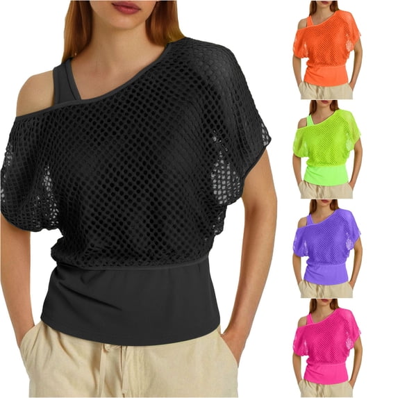 Women 80s T Shirts Neon Fishnet Mesh Top Off Shoulder Tops For Women