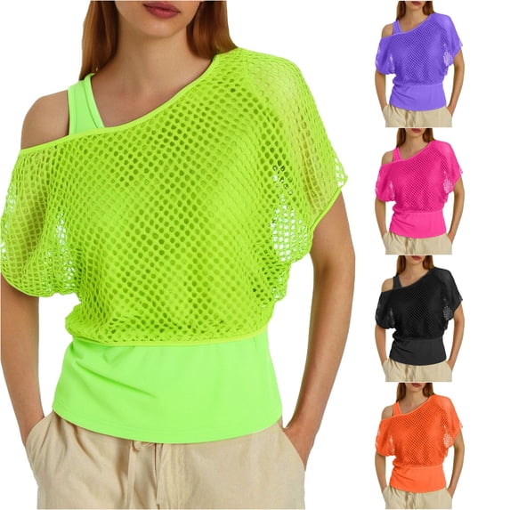 Women 80s T Shirts Neon Fishnet Mesh Top Off Shoulder Tops For Women