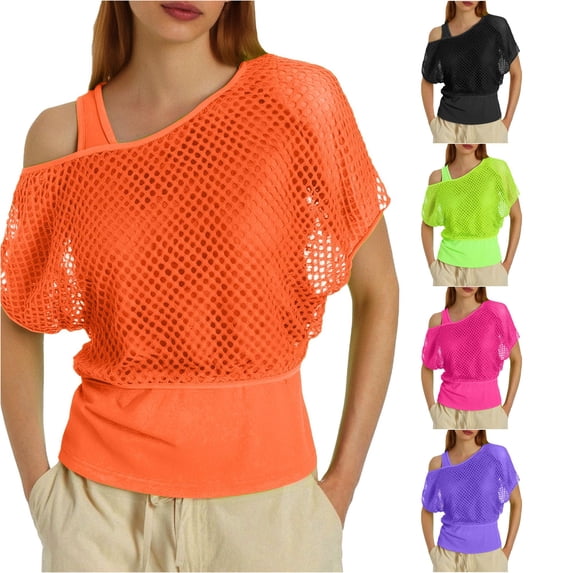 Women 80s T Shirts Neon Fishnet Mesh Top Off Shoulder Tops For Women