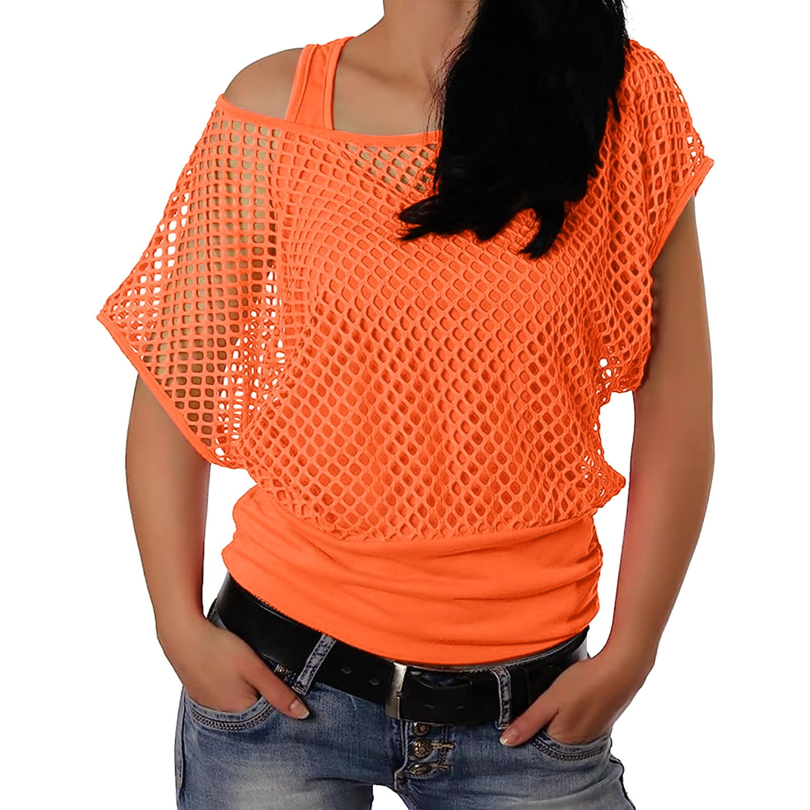 Women 80s T Shirts Trashier Shirts Neon Mesh Top Long Sleeve