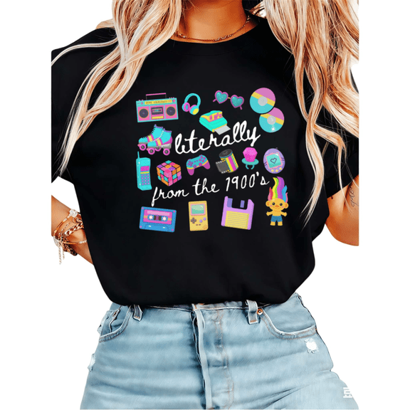 Women 90s Nostalgia Colorful Retro Icons Graphic Tees T Shirt Tops Round Neck Cotton T Shirt Black S-5XL