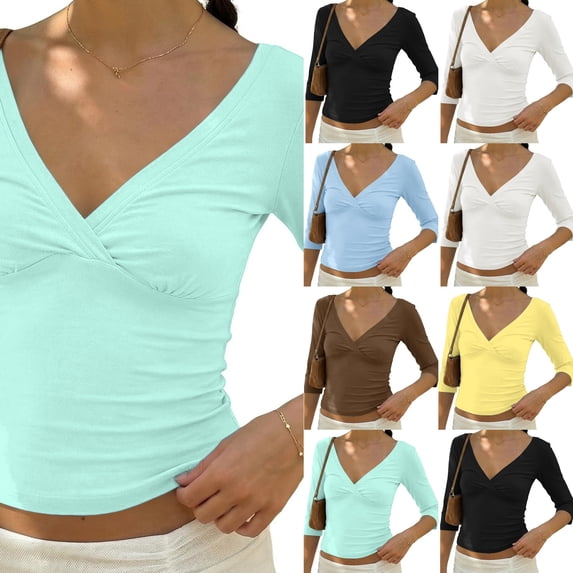 Women 90s Vintage 3/4 Long Sleeve Wrap V Neck Crop Tshirt Tops Slim Fit Open Back Y2k Girls Summer Going Out Tee Fluorescent Green S