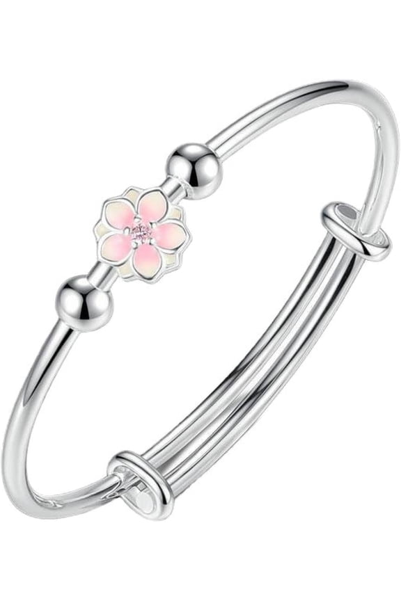 Women 925 Sterling Silver Bangle Pink Flower Decoration Bracelets Ladies Lucky Bead Bracelet Elegant Bangle for Valentine Mothers Day Gift