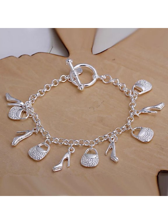 Women's Sterling Silver Plated Heart Bracelet Good Luck Heels Bag 8 Inches 3mm Toggle L50