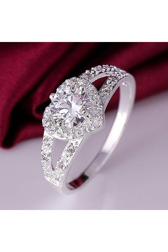 Women 925 Sterling Silver Crystal Love Heart Shaped Ring Bridal Wedding Jewelry