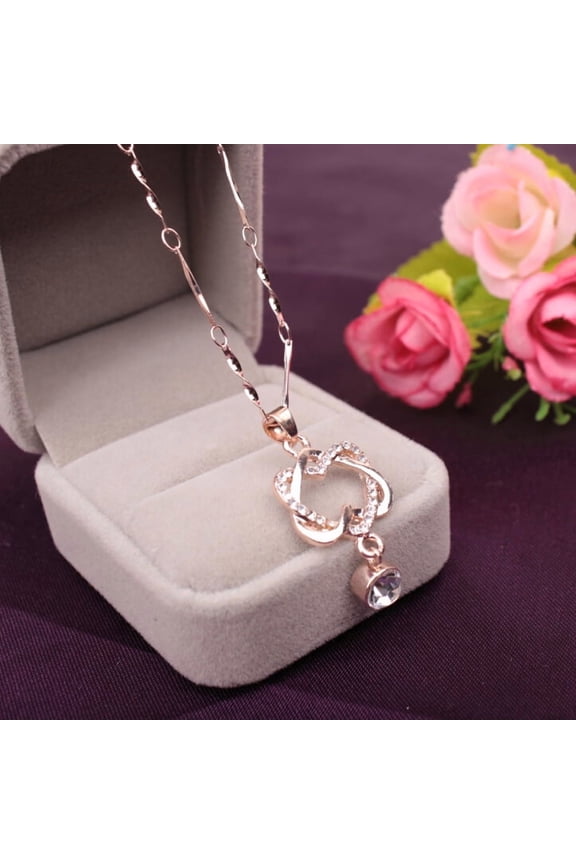 Women 925 Sterling Silver Double Heart Chain Necklace
