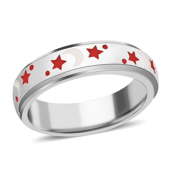 Women 925 Sterling Silver Red & White Enamel Moon Star Anxiety Spinner Ring Platinum Plated Boho Wedding Anniversary Fidget Stress Relieving Band Ring for Men Size 8 Christmas Gifts for Women