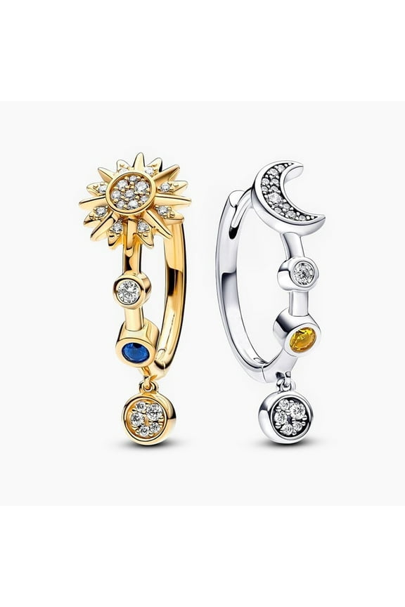 Women 925 Sterling Silver Sparkling Sun & Moon Hoop Earrings Hypoallergenic