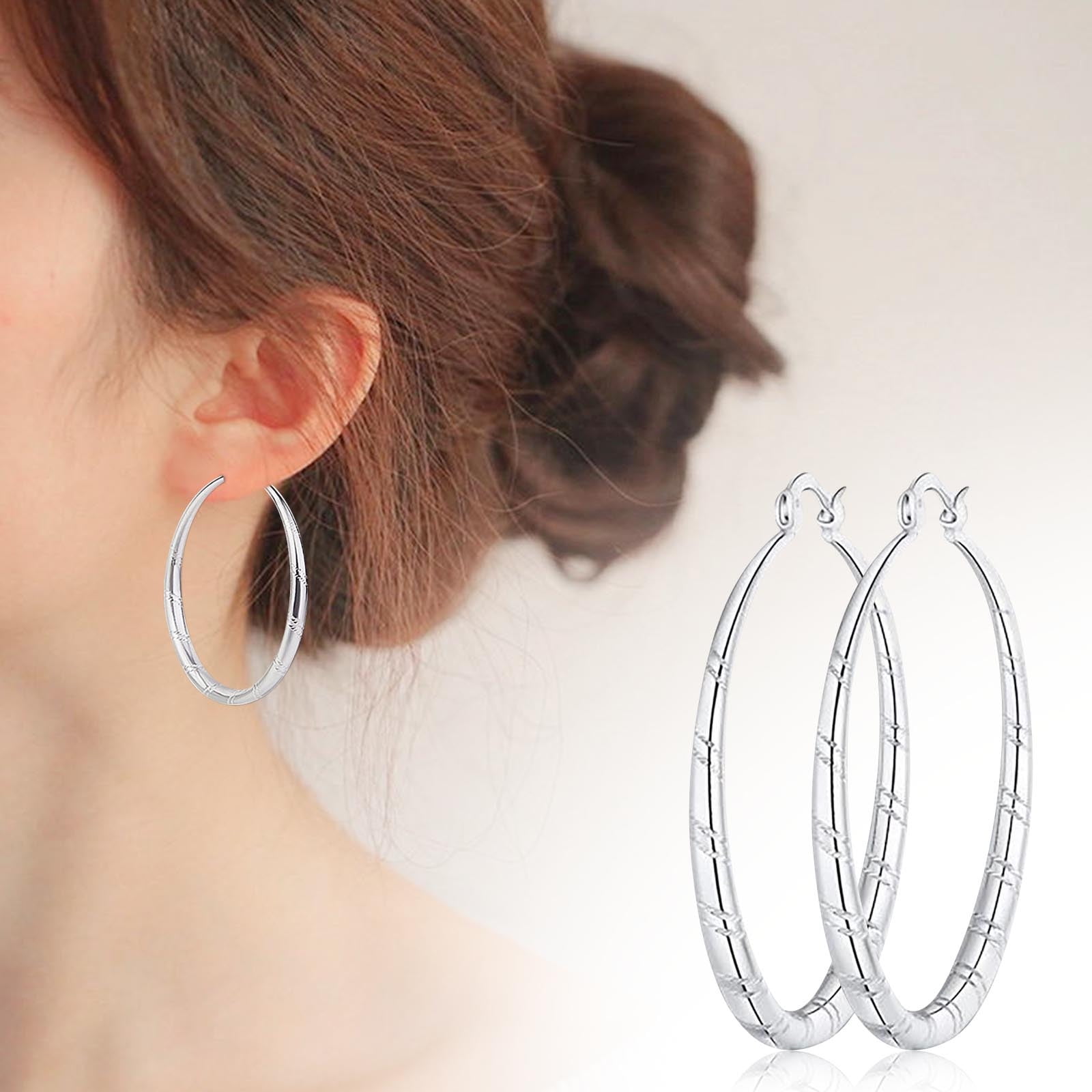 Women 925 Sterling Solid Silver Ear Stud Hoop Earrings Wedding Jewelry