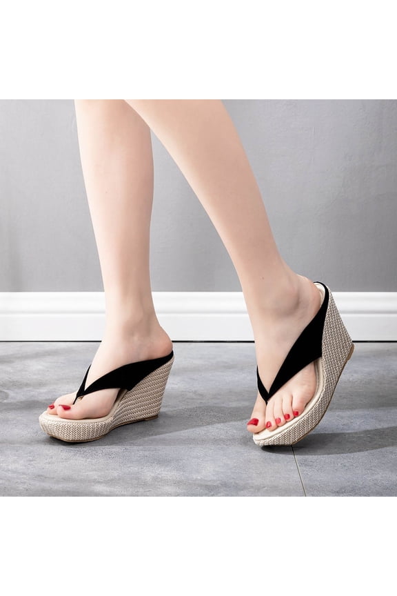 Women 9cm Chunky Heel Bohemian Beach Sandals Stylish Thong Toe Separated Design Comfortable Non Slip Lightweight Elegant Summer Footwear Black 35