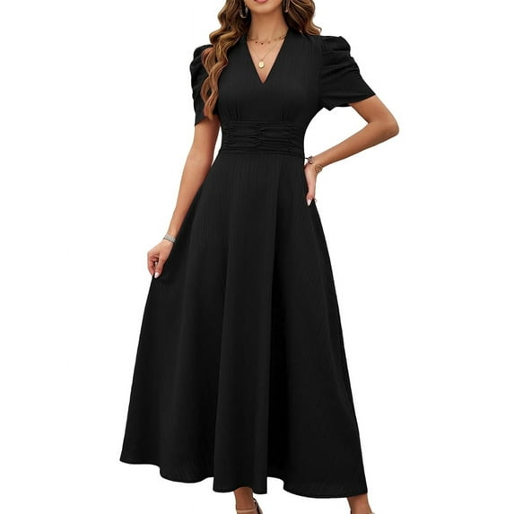 Women A Line Dress Formal Summer Elegant Dresses Trendy Casual V Neck Dress Short Sleeve Vacation Cocktail Dress Black XL