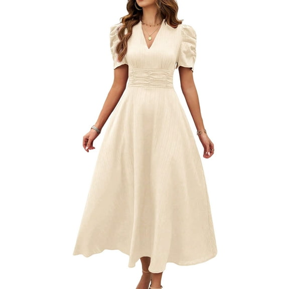 Women A Line Dress Formal Summer Elegant Dresses Trendy Casual V Neck Dress Short Sleeve Vacation Cocktail Dress Light Color S