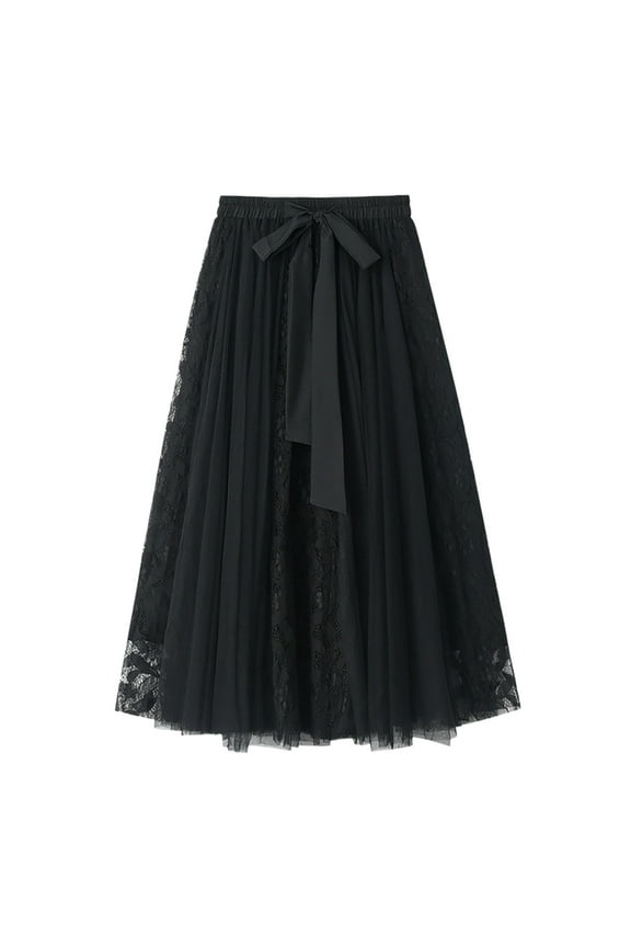 Women A-Line Fairy Elastic Midi Skirt High Waist Skirt Lace Embroidery Patchwork A-Line Skirts Vacation Holiday Female Dailywear