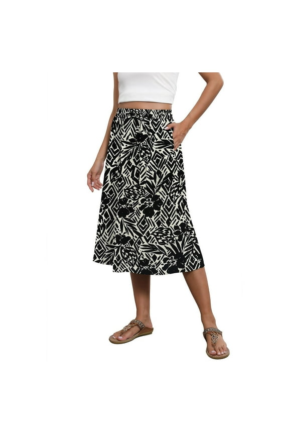 Women A Line Midi Skirt Elastic Waist Lightweight Fabric Flowing Design Feather Print Comfortable Fit Gray M