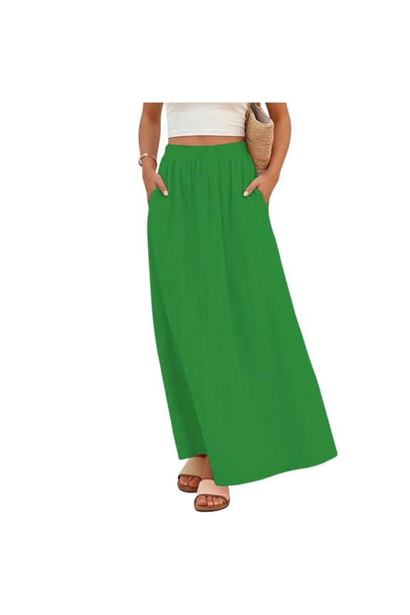 Women A-Line Pleated High Waist Maxi Skirt Casual Solid Color Palace Lock Long Skirts Green L