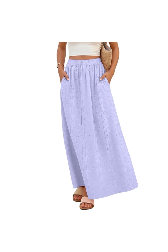 Women A-Line Pleated High Waist Maxi Skirt Casual Solid Color Palace Lock Long Skirts Purple L