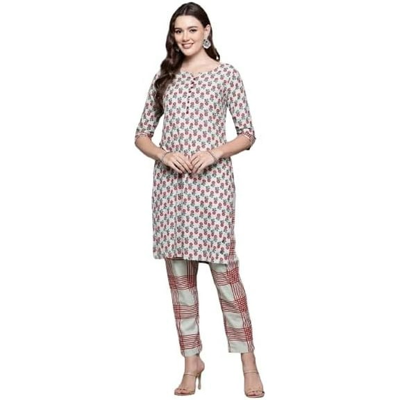 Women Straight Style Cotton Fabric Set White Colour Kurta With Bottom size 32