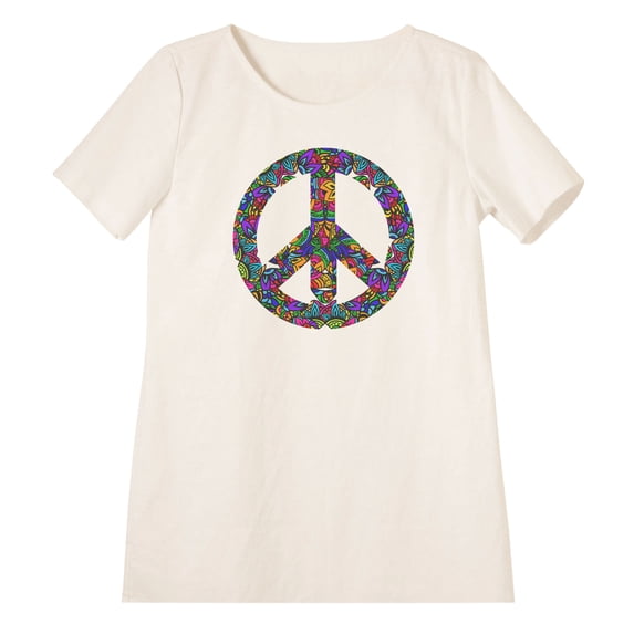 Women A sign of peace Printed Linen Vintage Mini Shift Dress WDS_06 Size 4