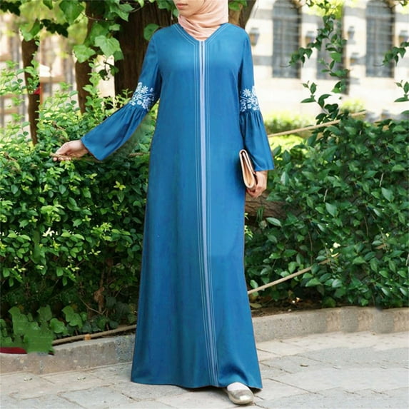 Women Abaya Long Dress Floral Printed Vintage Kaftan Maxi Dresses
