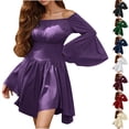 thumbnail image 1 of Women Above Knee Dress Long Flared Sleeve Off Shoulder Strapless Solid Color Smocked Waist Dress(NavyS), 1 of 6