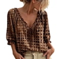 thumbnail image 1 of Women Abstract Geometric Print Drawstring V Neck Ruffled Top,Brown,3XL, 1 of 3